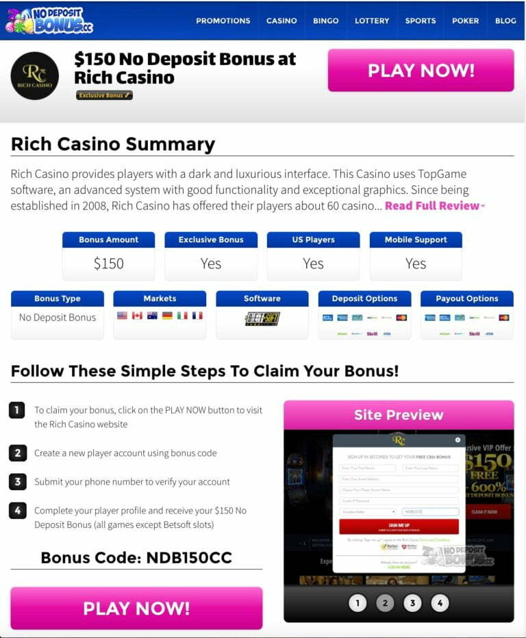 rich casino NO X bonus codes